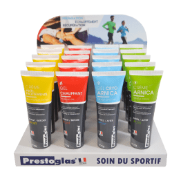 Lot de 20 gels et crème de massage + présentoir offert